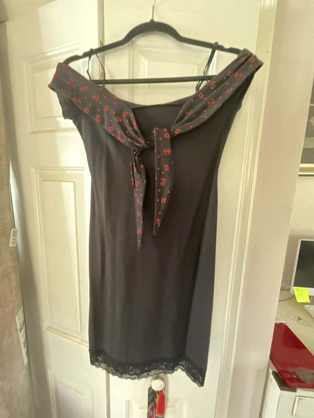 Lucky Thirteen Black Dress With Red Anchor & Number 13 Print And Lace Trim